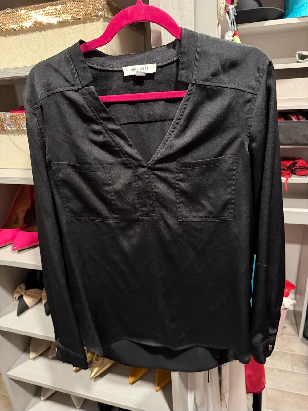 Nine West Black V-Neck Long Sleeve Blouse with Patch Pockets